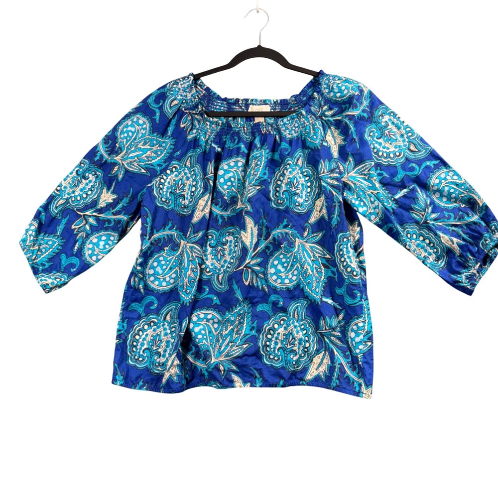 Y2K Boho Peasant Top L Blue Paisley Off Shoulder Indie Fairy‎ Coastal Romantic